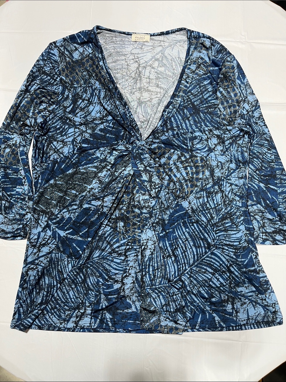 Blue Abstract Twist Front V-Neck Long Sleeve Top